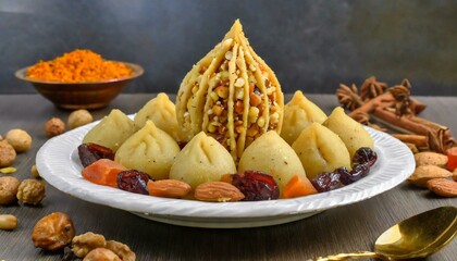A photo of a delicious plate of gujiya, a sweet dumpling filled with nuts and dried fruits, with the words “Happy Holi,