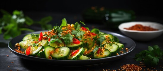 Smashed cucumber spicy Asian style salad with soy sauce dressing chilli flakes garlic and sesame seeds. Creative Banner. Copyspace image