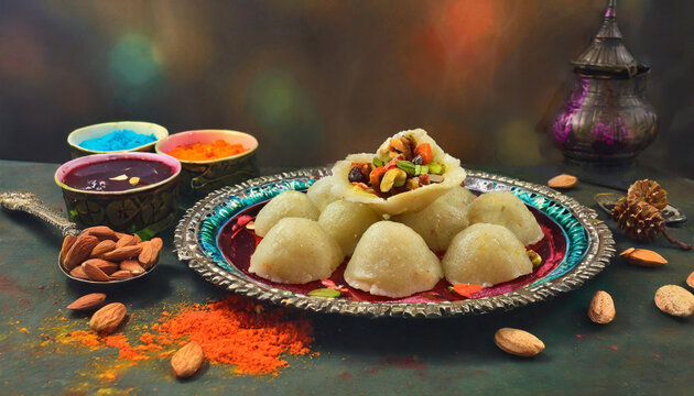 A photo of a delicious plate of gujiya, a sweet dumpling filled with nuts and dried fruits, with the words “Happy Holi,
