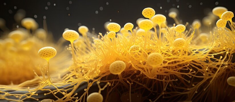 Spores of a slime mold or myxomycete Yellow color High score microscopy Slime moulds are special organisms that gather from many microscopic unicellular amoebae. Creative Banner. Copyspace image