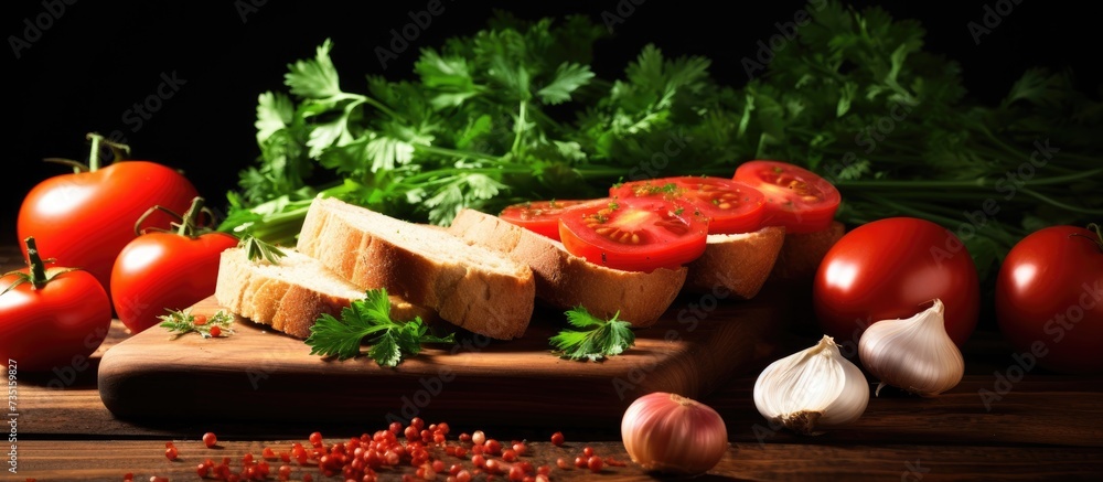 Poster slices of bread with a tomato paste parsley and tomatoes with garlic on a kitchen board. creative ba