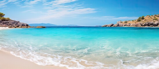 Fototapeta na wymiar Tropical sandy beach with turquoise water in Elafonisi Crete Greece. Creative Banner. Copyspace image