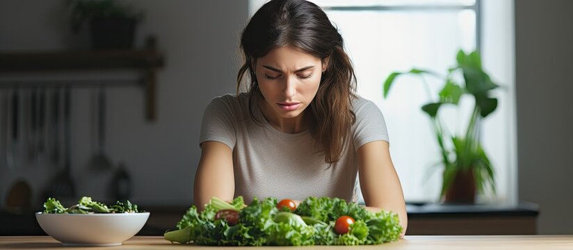 Sad black woman dieting and eating salad at home. Creative Banner. Copyspace image