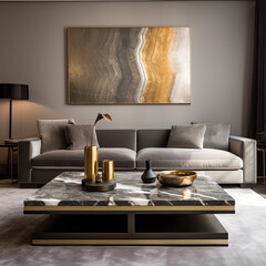 Gray fabric sofa and marble stone coffee table. Hollywood regency style interior design of modern living room