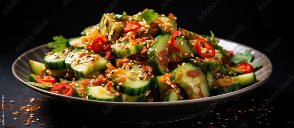 Aufkleber smashed cucumber spicy asian style salad with soy sauce dressing chilli flakes garlic and sesame see