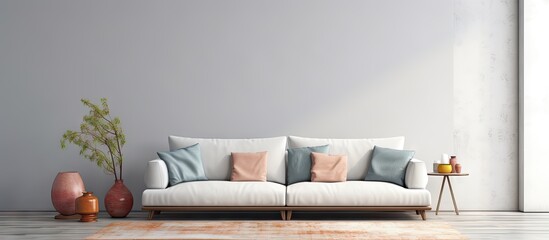 Pastel pillows on grey sofa and modern table against white tubes in living room with brown carpet. Creative Banner. Copyspace image - obrazy, fototapety, plakaty