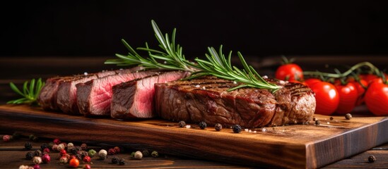 Modern style traditional barbecue dry aged wagyu porterhouse beef steak bistecca alla Fiorentina sliced and served as close up on a wooden design board. Creative Banner. Copyspace image - obrazy, fototapety, plakaty