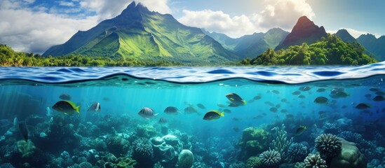 Tropical seascape over and under water island coastline and group of fish underwater Pacific ocean French Polynesia Oceania. Creative Banner. Copyspace image - obrazy, fototapety, plakaty