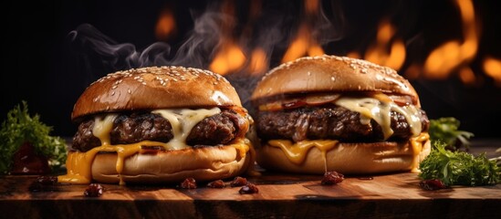 Street food Grilled beef burgers with melted cheese Burger in hand cheeseburger artisan bread street burger. Creative Banner. Copyspace image