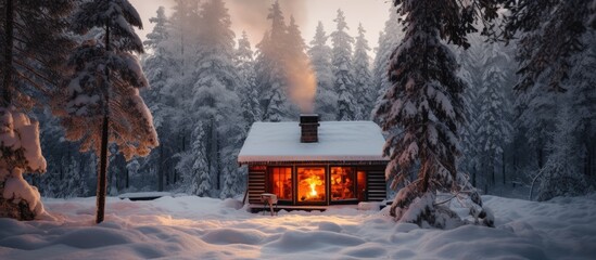 Smoking wood stove is heating up small sauna hut in winterly boreal forest. Creative Banner. Copyspace image