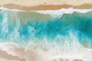 Stunning aerial tropical beach with transparent sea, white sand, and foamy waves; perfect for summer vacation and travel. Generative AI