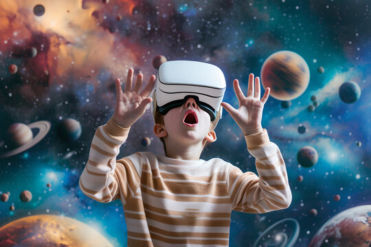 Surprised Kid Boy Wearing VR Virtual Reality Glasses, Background Of Space.