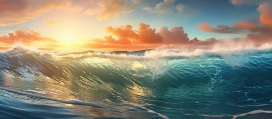 ocaen view seascape landscape Big surfing ocean wave with slightly cloudy sky and the sun. Creative Banner. Copyspace image