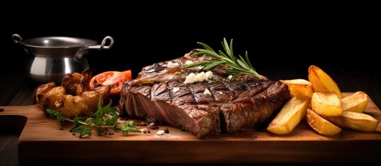 rib of beef sliced on a chopping block with Noirmoutier potatoes real photo. Creative Banner. Copyspace image - obrazy, fototapety, plakaty