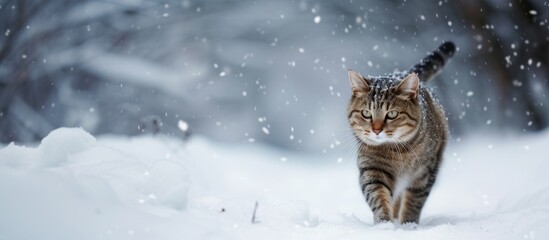 Beautiful domestic cat walking gracefully through the serene, snow covered ground in winter season