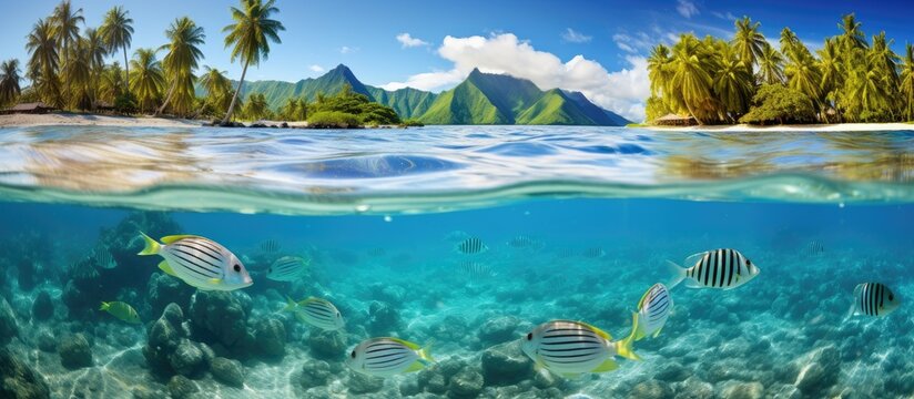Over and under the sea near the shore of a lush wild coast with a school of tropical fish underwater split by waterline Huahine island Pacific ocean French Polynesia. Creative Banner. Copyspace image