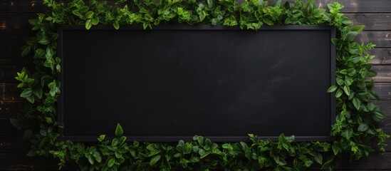 Mock up blank empty space of black signboard for store or restaurant or cafe or company on wall with ivy around it billboard template chalkboard. Creative Banner. Copyspace image