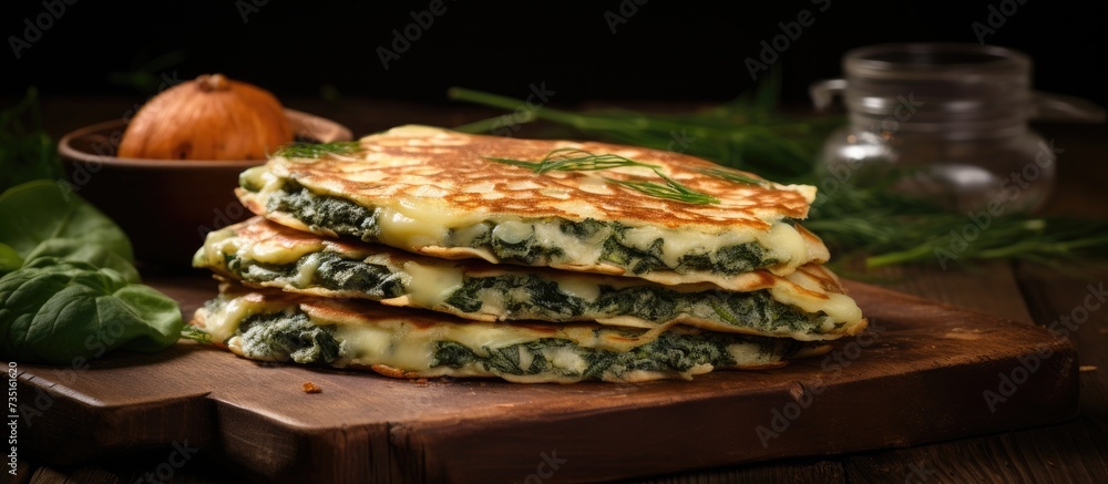 Poster pancakes filled with spinach and cheese on the wooden surface. creative banner. copyspace image