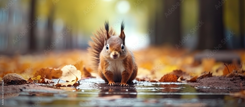 Poster squirrel sits on the asphalt in an autumn park and waits for a nut. creative banner. copyspace image