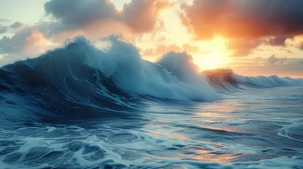 Fototapeten Beautiful huge ocean waves in front of golden sky during sunset. © AB-lifepct