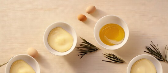 Small bowls with raw egg and olive oil Homemade hair or face mask natural beauty treatment and spa recipe Top view copy space. Creative Banner. Copyspace image