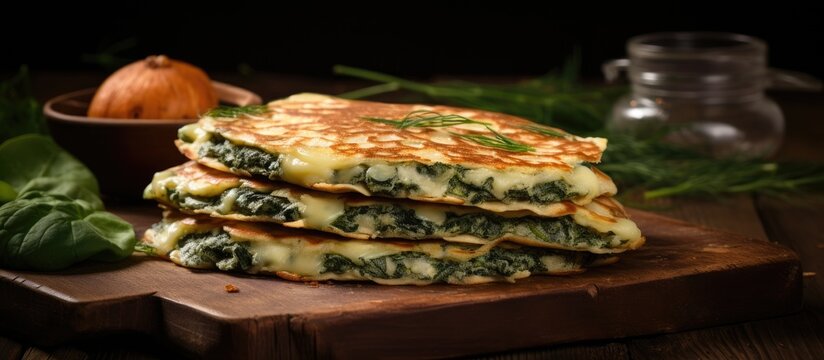 Pancakes filled with spinach and cheese on the wooden surface. Creative Banner. Copyspace image