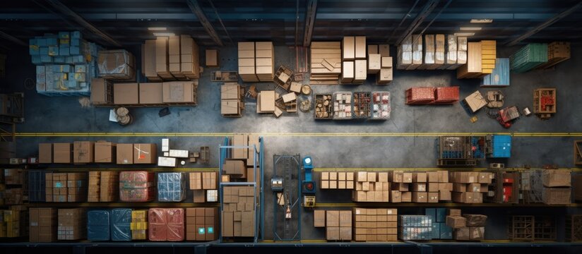 Stored goods in large distribution warehouse elevated view. Creative Banner. Copyspace image
