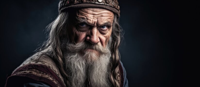 Old senior man with grey hair and long beard wearing viking traditional costume skeptic and nervous frowning upset because of problem negative person. Creative Banner. Copyspace image