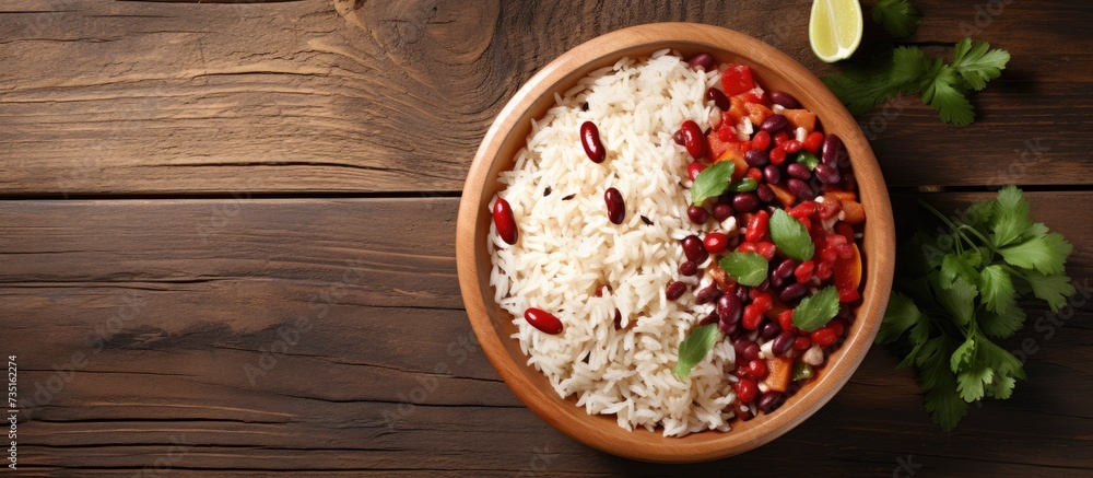Poster Rice with red beans and vegetables in a bowl on the table horizontal view from above. Creative Banner. Copyspace image