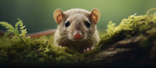 vertical portrait of small shrew in nature on green moss background animal themes copy space. Creative Banner. Copyspace image