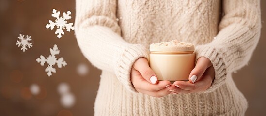Winter season skin care cosmetics concept First person top view photo of woman s hands in knitted sweater small cream jar and snowflakes on isolated pastel beige background with empty space