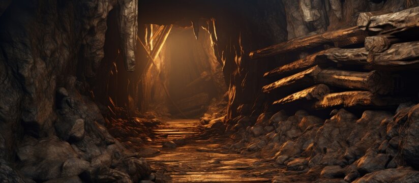 Old Broken Wood Timbers Clutter The Collapsed Shaft Of A Vintage Historical Gold Mine. Creative Banner. Copyspace image