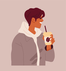 Person drink coffee concept. Man with hot drink in mug. Aroma and beverage. Cappuccino and Americano. Template and layout. Cartoon flat vector illustration isolated on brown background