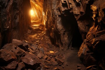 Narrow Mine tunnel cave railway. Rock dark mineral. Generate Ai