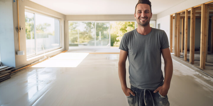 Estrichleger steht vor frisch verlegtem Estrich und ist Stolz auf seine Arbeit