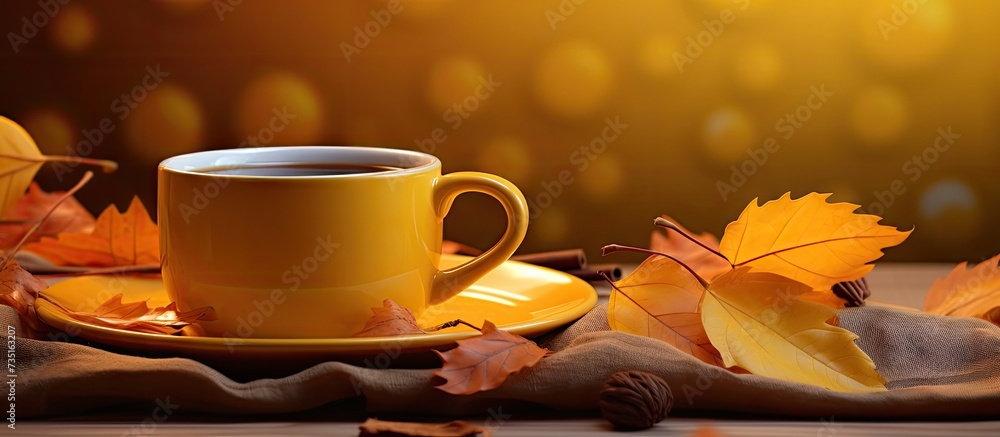 Poster yellow mug with hot drink tea coffee on bright background with an autumn leaf and text hello autumn.