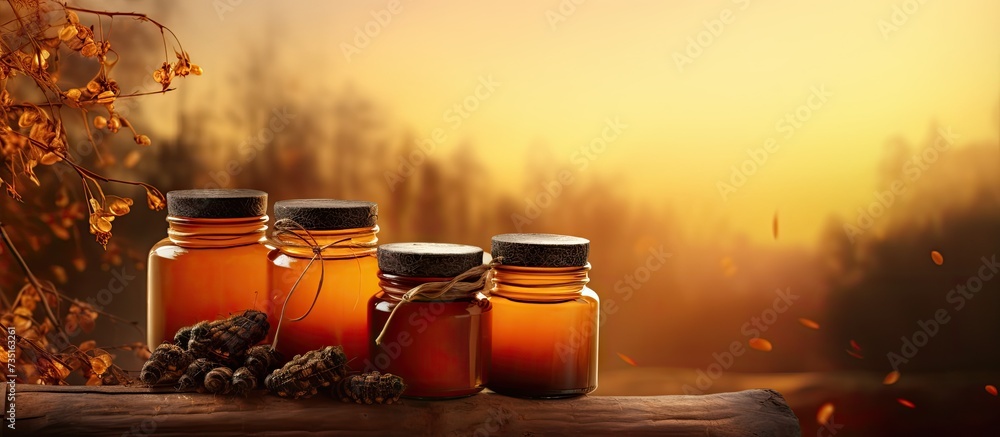Poster two jars of ecological and healthy honey one large and one small on a hive and next to a smoker in t