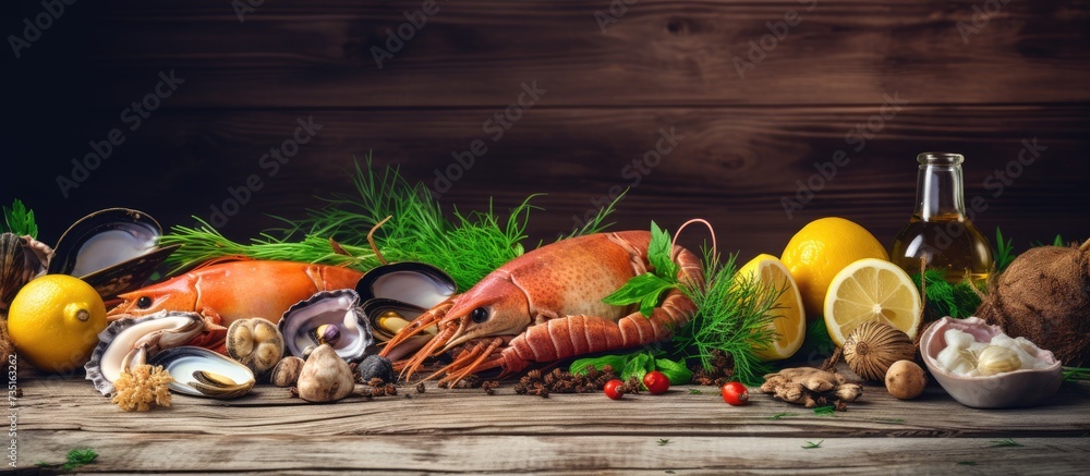 Poster mussels in shells squid in a bowl octopus shrimps with lemon thyme and onions in a plate standing on