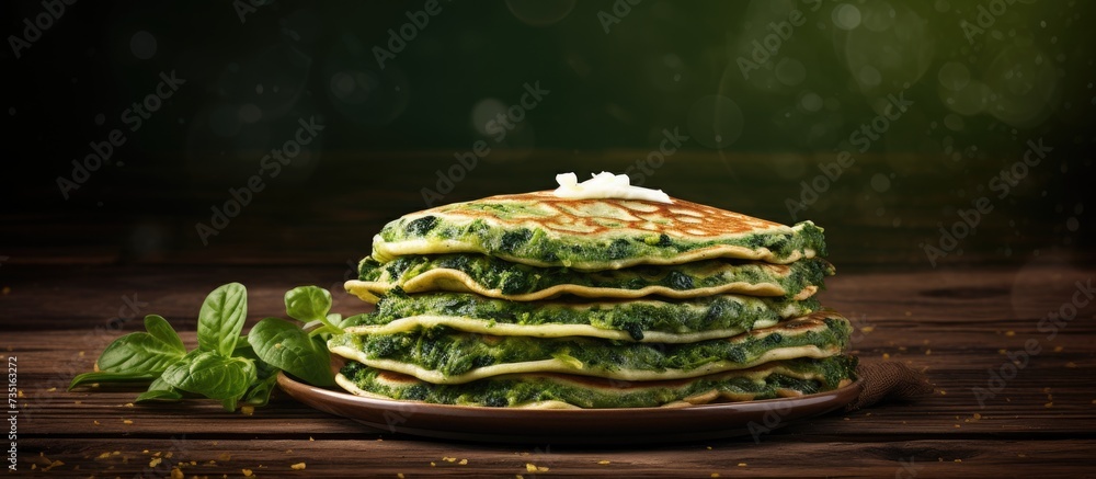 Poster pancakes filled with spinach and cheese on the wooden surface. creative banner. copyspace image