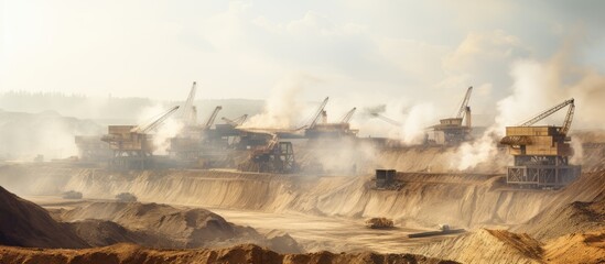Old machinery at garzweiler open pit mine. Creative Banner. Copyspace image - obrazy, fototapety, plakaty