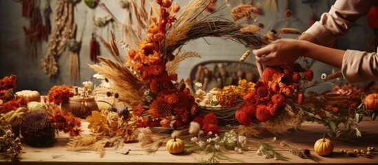 Making floral autumn door wreath from natural materials colorful rosehip berries rowan dry flowers and pumpkins Fall flower decoration workshop Florist workplace. Creative Banner. Copyspace image