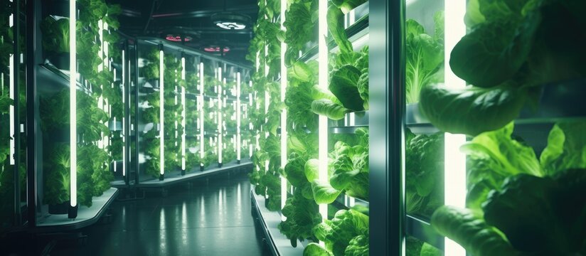 Vegetables are growing in indoor farm vertical farm Vertical farming is sustainable agriculture for future food and used for plant vaccine. Creative Banner. Copyspace image