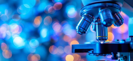 Fototapeta na wymiar microscope in laboratory over a colorful bokeh background with copy space
