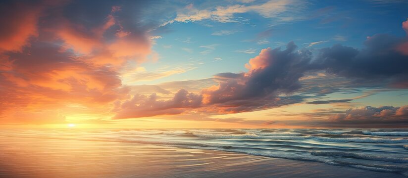 The sun rises over the sea at Bournemouth illuminating the clouds and the sea. Creative Banner. Copyspace image