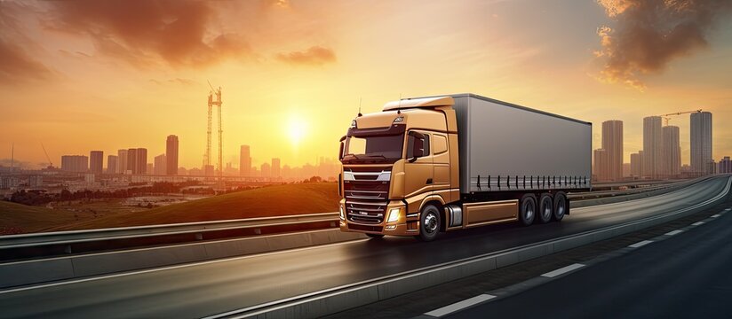Semi Trailer Truck Driving on Highway Road Commercial Truck Express Delivery Transit Shipping Container Freight Trucks Logistics Cargo Transport. Creative Banner. Copyspace image