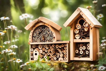 Wooden insect house decorative bug hotel ladybird and bee home for butterfly hibernation and ecological gardening. Creative Banner. Copyspace image - obrazy, fototapety, plakaty