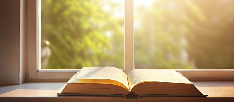 Open book on a window sill illuminated by sunlight. Creative Banner. Copyspace image