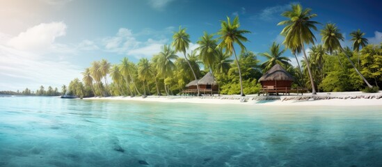 Small island in the Maldives covered by palms and surrounded by turquoise blue waters with with beautiful corals and animals perfect escape from the cold winter. Creative Banner. Copyspace image