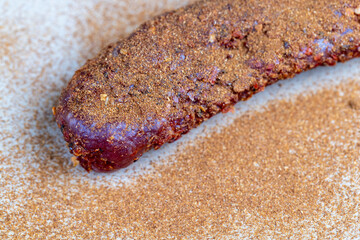 very spicy pork meat with red hot pepper on the table