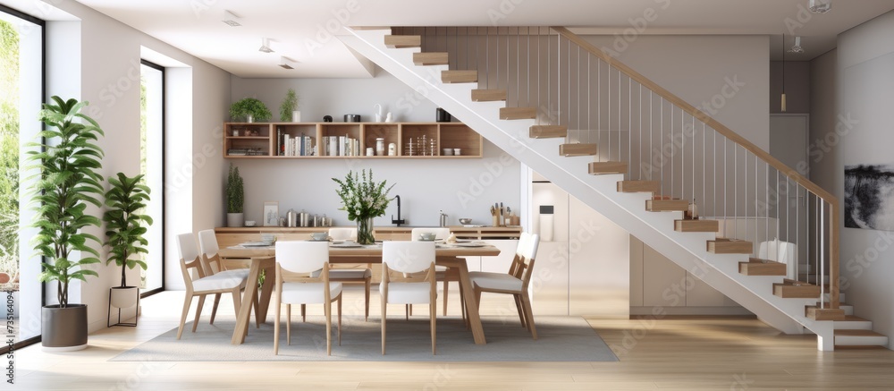 Poster spacious two floor apartment with open living room with dining table under stairs. creative banner. 